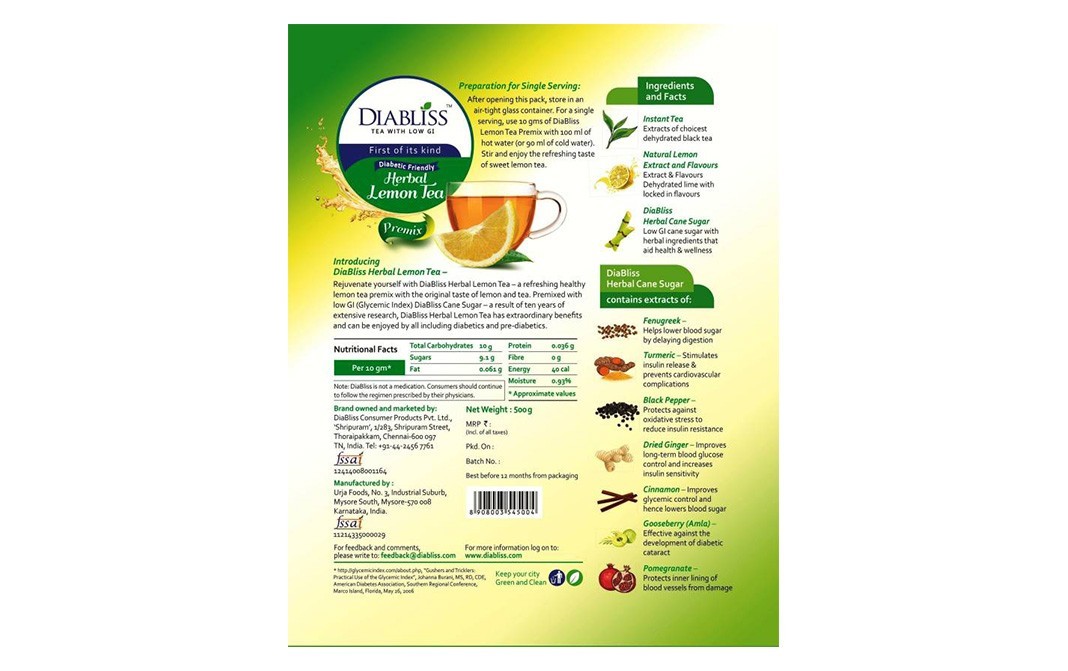 Diabliss Diabetic Friendly Herbal Lemon Tea   Box  500 grams